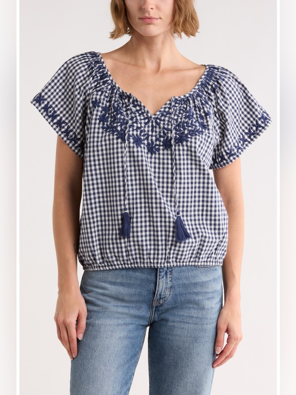 Lucky Brand Navy Blue‎ Gingham Embroidered Tassel Peasant Top Large NEW